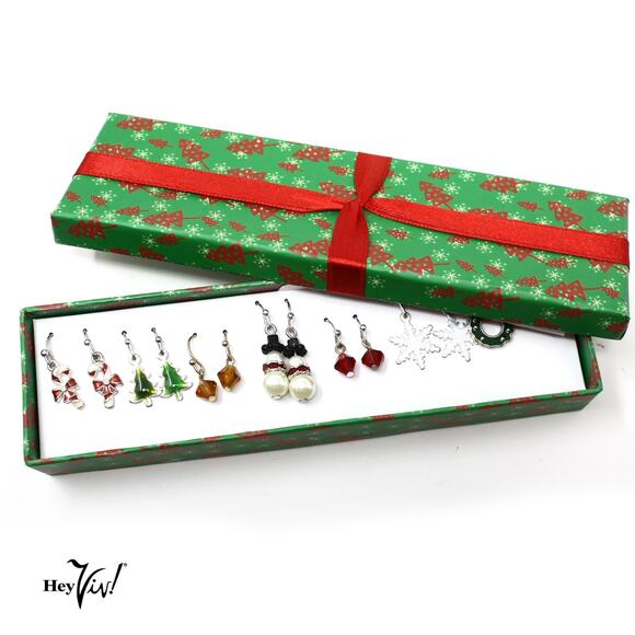 Avon Holiday Earring Set 7 Pairs Festive Designs Green and Red Gift Box -Hey Viv - Picture 1 of 6